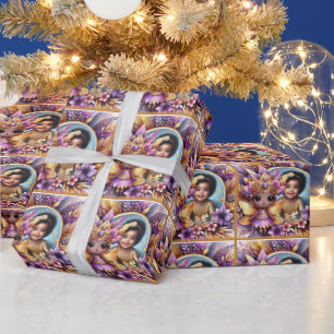 Papier Cadeau Photo Anniversaire Petite Fée Noire Violet Jaune
