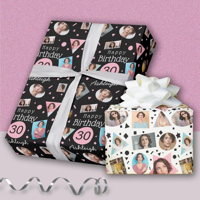 Papier Cadeau Photo Black Pink Confetti Nom 30e anniversaire (Créateur téléchargé)