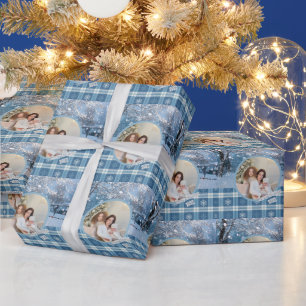 Papier Cadeau Photo Bleu Carreaux Cosy Noël Hiver