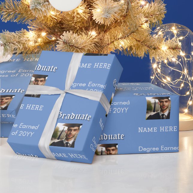 Papier Cadeau Photo Bleue Moderne, Nom, Diplôme, Classe de diplô (Vacances)