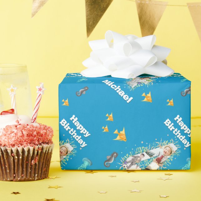Papier Cadeau Photo Collage Big 4th Birthday Under the Sea (Fête d'anniversaire)