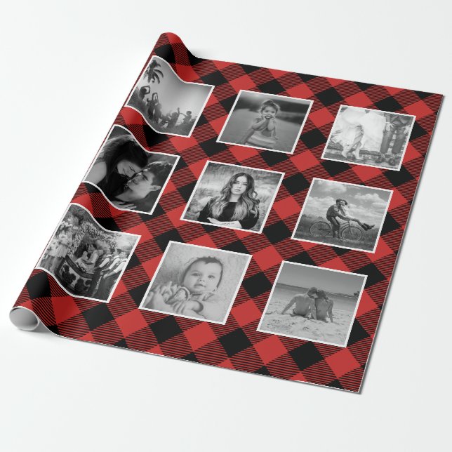Papier Cadeau Photo Collage Buffalo Plaid Lumberjack Rouge (Déroulé)