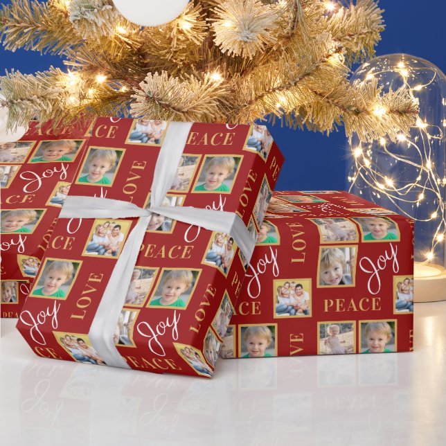 Papier Cadeau Photo Collage Peace Love Joy Green Christmas (Vacances)