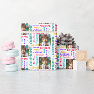 Papier Cadeau Photo Coloré Amusant et Nom d'Enfant de 7 Lettres