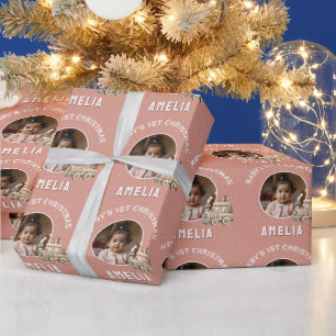 Papier Cadeau Photo de bébé neutre Train de Noël 1ère année