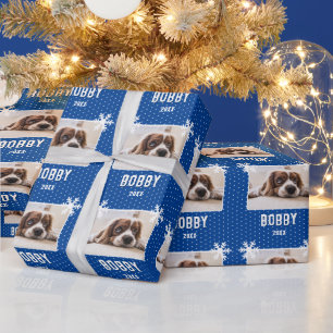 Papier Cadeau Photo de chien Flocons de neige Bleu Nom de l'anim