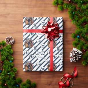 Papier Cadeau Photo de famille au nœud élégant Noël - Bleu marin