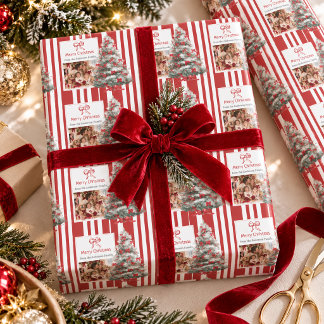 Papier Cadeau Photo de famille Bow Noël Prépa Rayure Rouge Joyeu