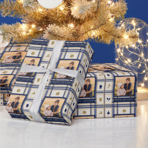 Papier Cadeau Photo de famille Joyeux Noël à carreaux Navy
