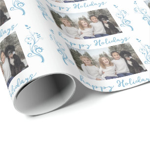Papier Cadeau Photo de famille Noël Feuillage Bleu Vacances Joye