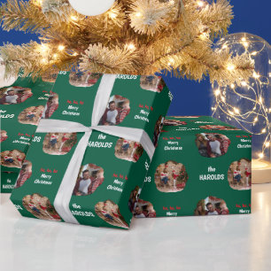 Papier Cadeau Photo de famille personnalisée de Noël moderne Ver
