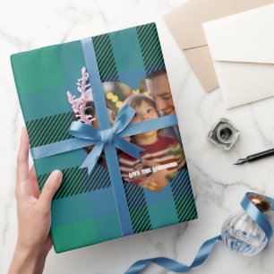 Papier Cadeau Photo de Noël au tartan classique vert et bleu