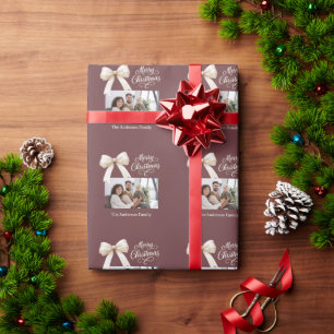 Papier Cadeau Photo de Noël avec écriture crème sur fond café mo