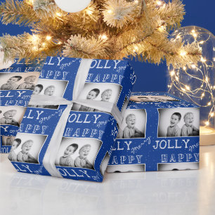Papier Cadeau Photo de Noël avec typographie festive bleue et bl