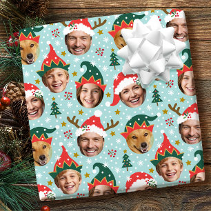 Papier Cadeau Photo de Noël Collage Festive Funny Face Bleu