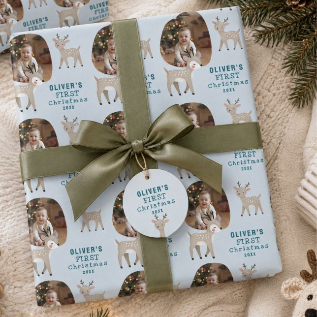 Papier Cadeau Photo de Noël de bébé mignon avec renne (Créateur téléchargé)