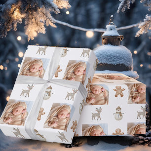 Papier Cadeau Photo de Noël de bonhomme de neige de renne mignon