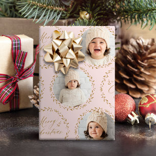 Papier Cadeau Photo de Noël familial en écriture moderne rose Me