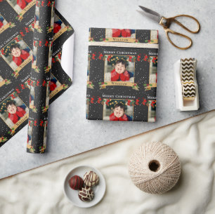 Papier Cadeau Photo de Noël personnalisée Noir