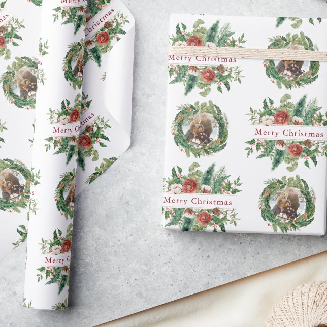 Papier Cadeau Photo de Noël pour les Fêtes (Vintage Floral Christmas Photo Holiday Wrapping Paper by Painted Paperie
)