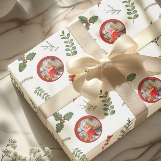Papier Cadeau Photo de vacances de Noël avec feuillage à l'aquar (Créateur téléchargé)