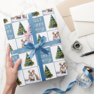 Papier Cadeau Photo d'un chiot chien mignon arbre de Noël aquare