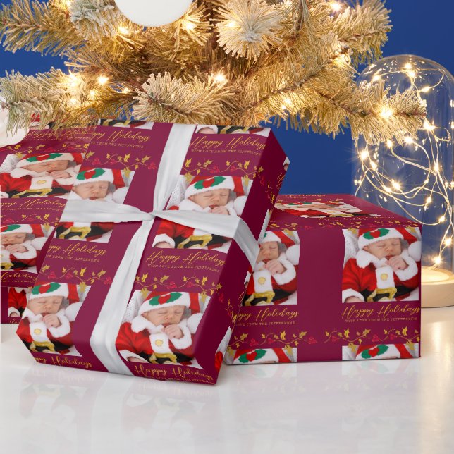 Papier Cadeau Photo en or des baies rouges et saintes de Noël (Vacances)