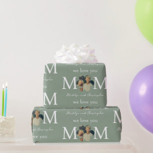 Papier Cadeau Photo personnalisé Nous t'aimons Maman Vert Fête d