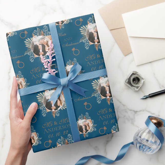 Papier Cadeau Photo personnalisée Aquarelle Floral Mr & Mrs Navy (Cadeaux)