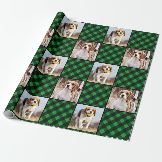 Papier Cadeau Photo personnalisée Buffle vert Plaid Noël (Déroulé)