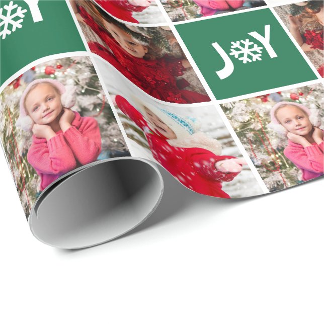 Papier Cadeau Photo personnalisée Collage Green Joy Noël (Coin rond)