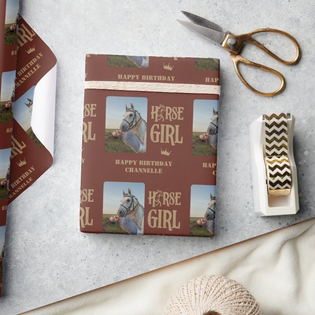 Papier Cadeau Photo personnalisée et nom Horse Girl Wrapper Papi (Custom Photo and Name Horse Girl Wrapping Paper)