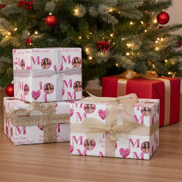 Papier Cadeau Photo personnalisée Rose Floral Lettres Coeur Mama