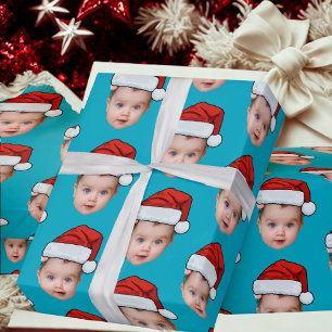 Papier Cadeau Photo Tête de la petite fille Santa Hat Xmas Bleu