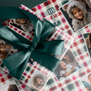 Papier Cadeau Photos de famille à carreaux de Noël Joyeux Noël
