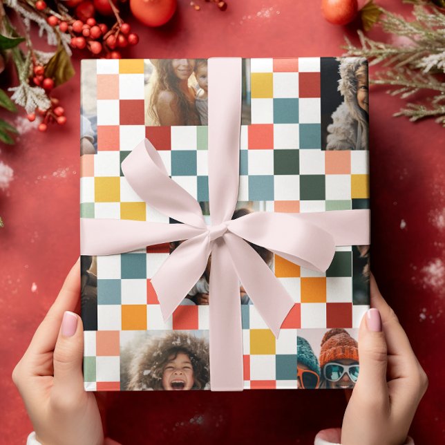 Papier Cadeau Photos de famille | À damiers Noël (Créateur téléchargé)