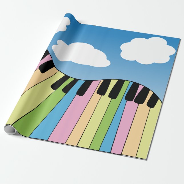 Papier Cadeau Piano Music Pastel Clavier Ciel Bleu Nuages (Déroulé)