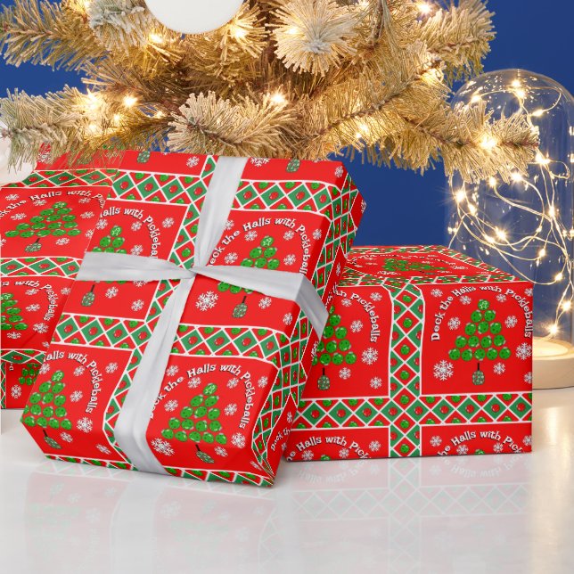 Papier Cadeau Pickleball Christmas Tree Deck the Halls Red Green (Vacances)