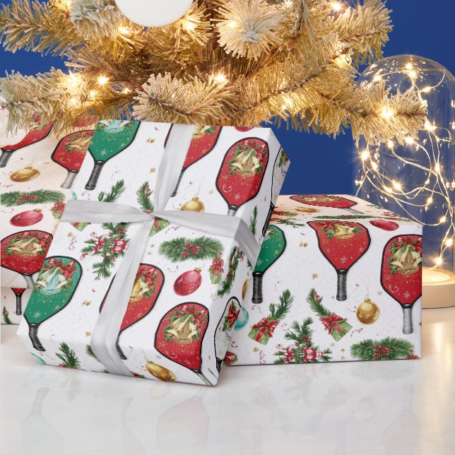Papier Cadeau Pickleball thème de Noël avec une raquette  (Vacances)
