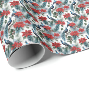 Papier Cadeau Pics De Noël Plumes Et Poinsettias