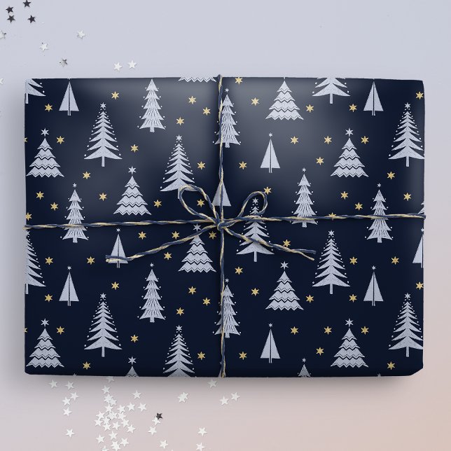 Papier Cadeau Pierre nordique Arbres de Noël gris bleu foncé (Créateur téléchargé)