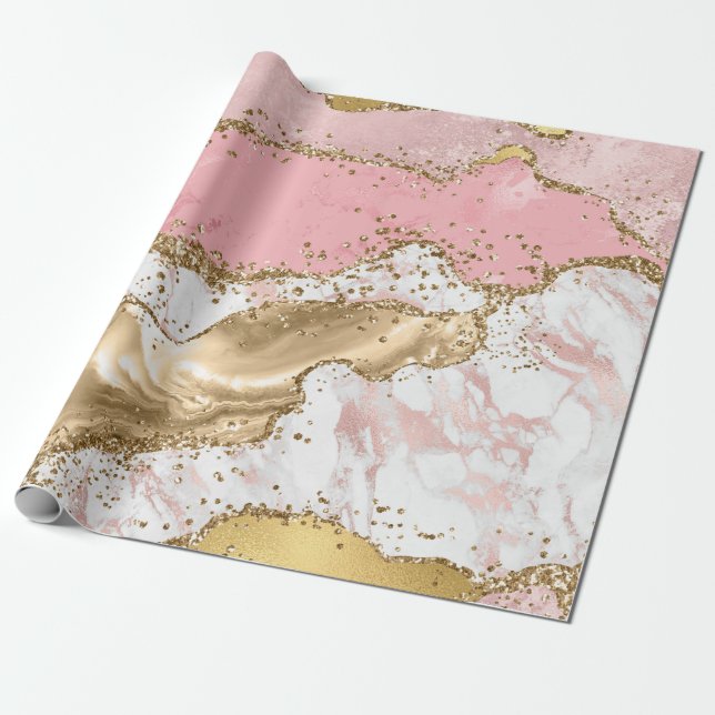 Papier Cadeau Pierre rose et blanche avec paillettes d'or Agate (Déroulé)
