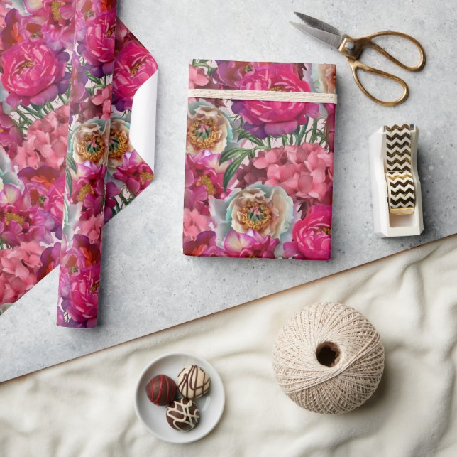 Papier Cadeau Pierre rose et blanche et fleurs d'Hydrangée (Artisanat)