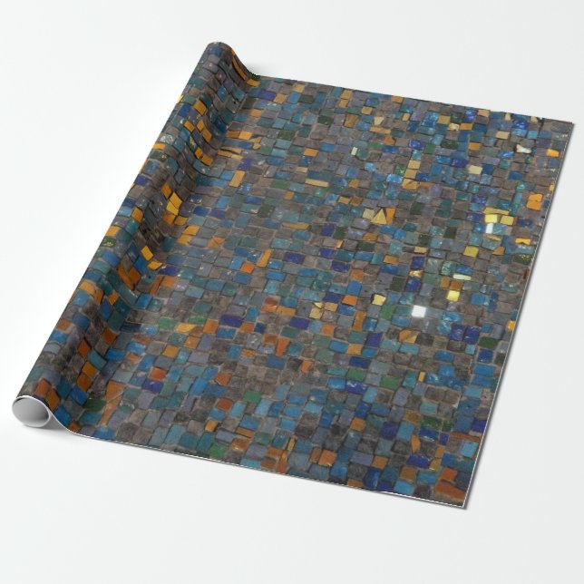 Papier Cadeau Pierres de mosaïque en bleu et or (Déroulé)