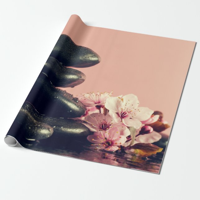 Papier Cadeau Pierres Zen Noires Fleurs (Déroulé)