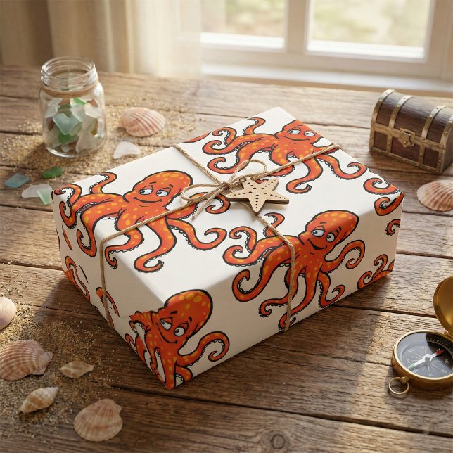 Papier Cadeau Pieuvre orange dessin animé océan créature marine (Créateur téléchargé)