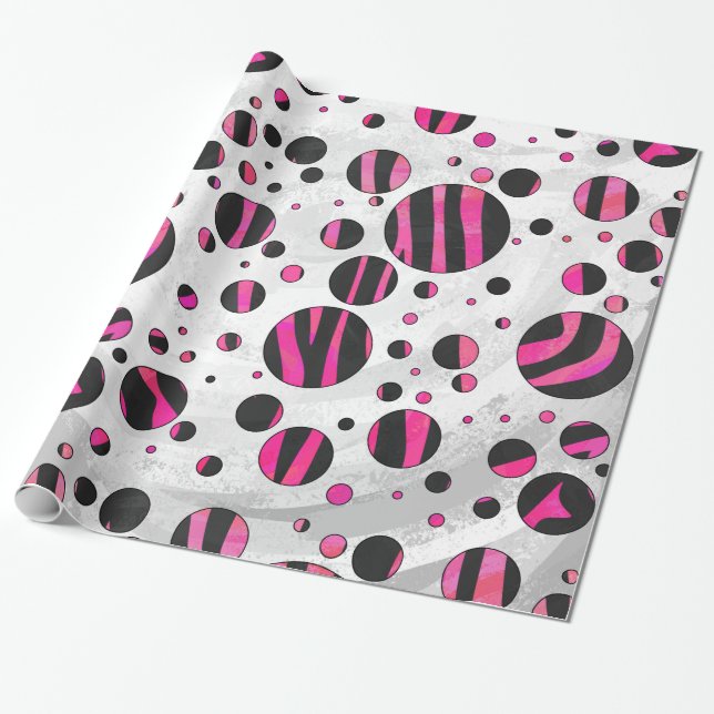 Papier Cadeau Piloka Dot Zebra noir et rose chaud (Déroulé)