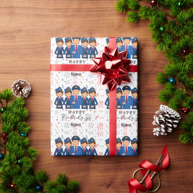 Papier Cadeau Pilote avec hôtesses d'air Joyeuses vacances Noël (Cadeau de vacances)