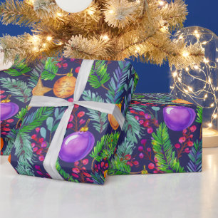 Papier Cadeau Pin de Noël et ornements violet motif