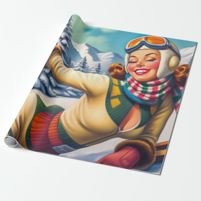 Papier Cadeau Pin Ski Vintage (Déroulé)